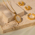 High End Non Tarnish 18k Gold Plated Stainless Steel Chokers Necklace Fashion White Natural Stone Oval Pendant Necklace