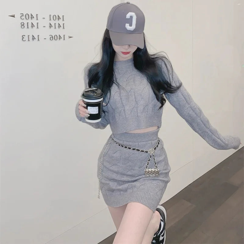 Custom Labels Sweet Cute Sweaters Solid Colors Skirt Top Tight Shorts Knit Sexy Skirt Set for Women