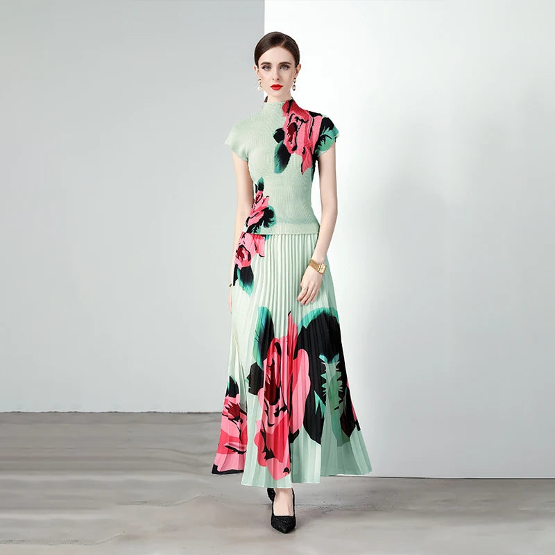 Hot Selling Pleated Ruched Printed Chiffon Natural Waist Woven Women's Muslim Bohemian Summer Dress