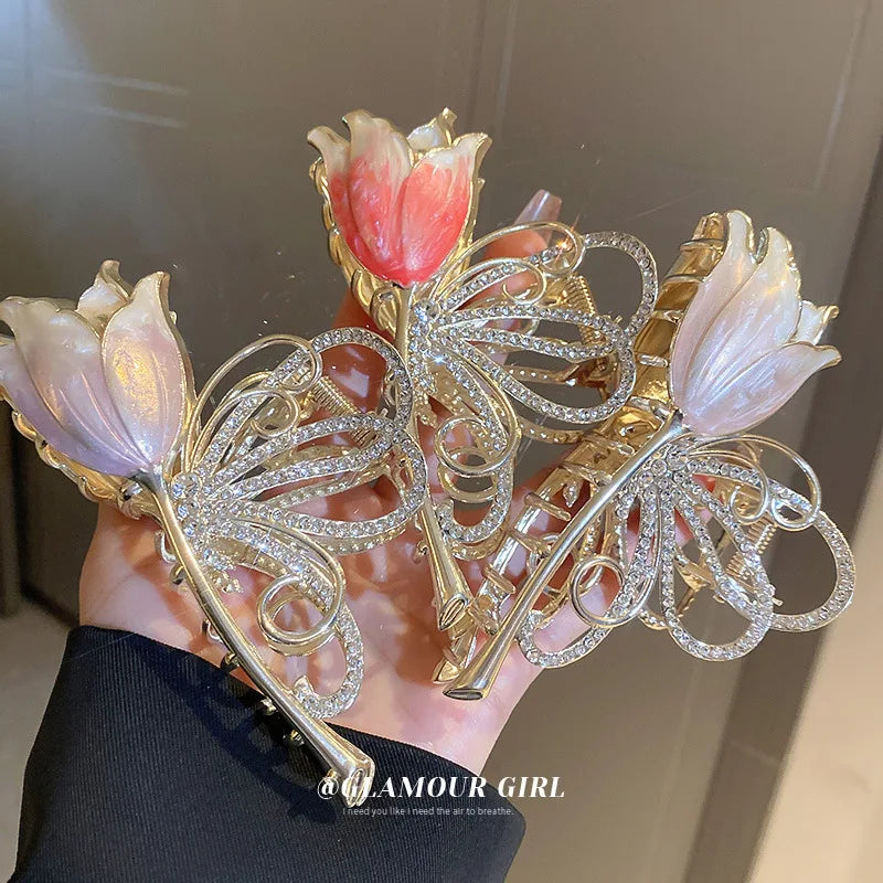 Diamond Butterfly Wing Flower Hair Clip for Women Large Butterfly Tulip Flower Rhinestone Hair Shark Clip Holding Hair Claw