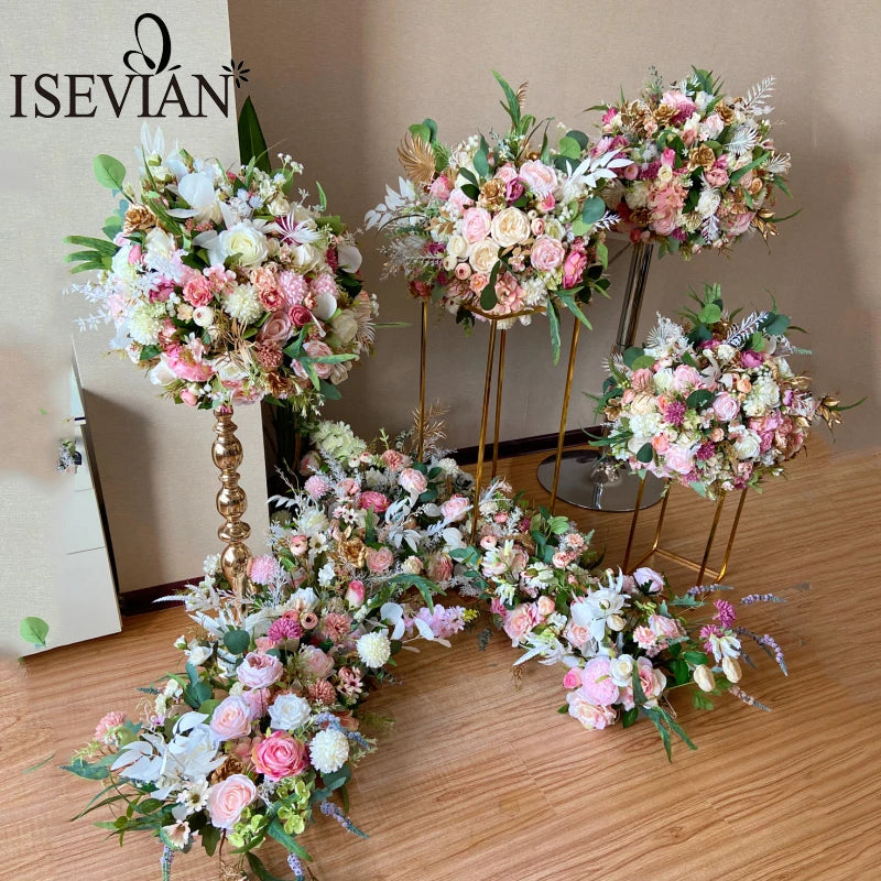 ISEVIAN Blush Pink Artificial Flower Ball Flower Row Table Runner for Arch Wedding Backdrop Decoration