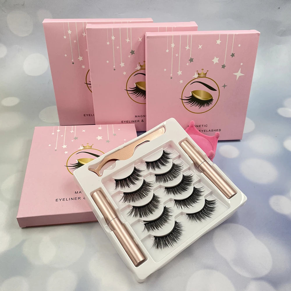 3D Natural Reusable Faux Mink Magnetic False Eyelashes With Magnetic Lashes Eyeliner Liquid Set 5pairs Magnetic Eyelashes Kit