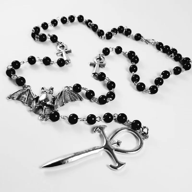 Mystical Gothic Dracula Bat Vampire Egypt Ankh Cross Necklace Bead Chain Jewelry