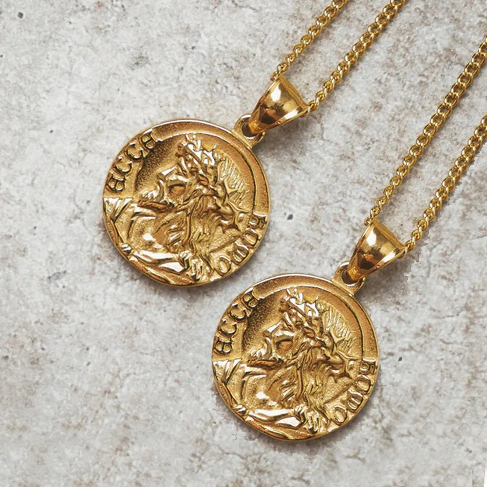 Crown of Thorns Bible Verse Gold Necklace for Men Christian Jewelry Stainless Steel Prayer Jesus Piece Medal Pendant Necklace
