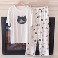 Japanese Style Cartoon Cat or Rabbit Print Pajamas Summer Women's Short Sleeved Long Pants Viscose Polyester Casual Pyjamas Set