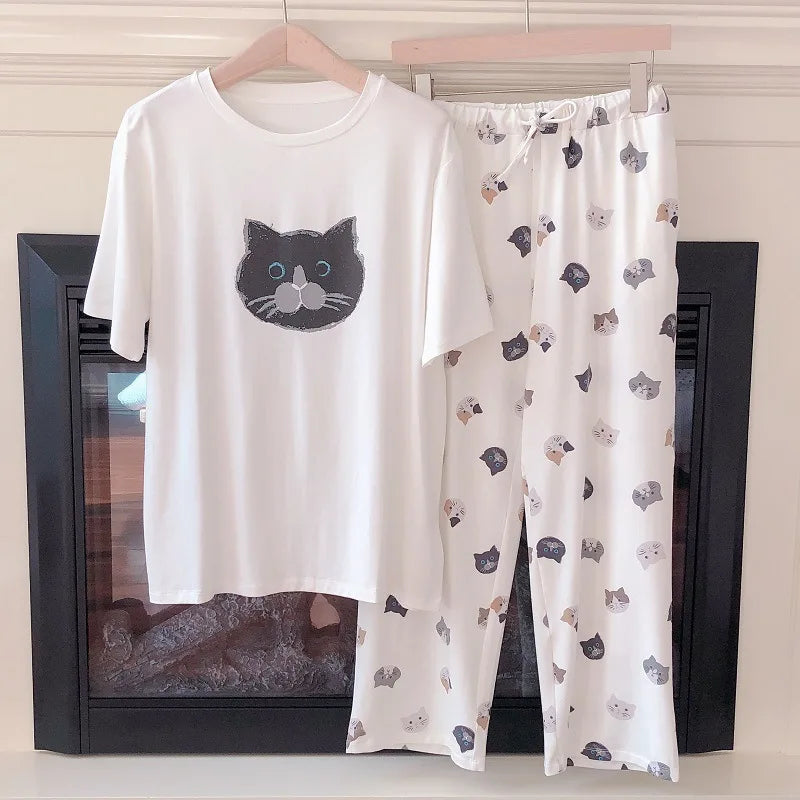 Japanese Style Cartoon Cat or Rabbit Print Pajamas Summer Women's Short Sleeved Long Pants Viscose Polyester Casual Pyjamas Set
