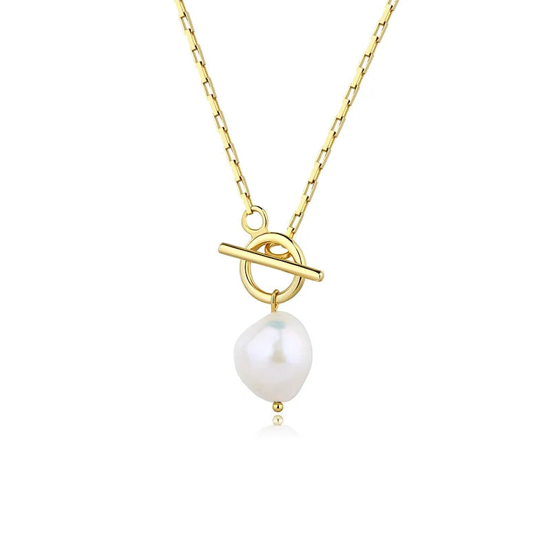 925 Sterling Silver Jewelry 18k Gold Plated OT Clasp Baroque Pearl Vintage Chunky Link Chain Choker Necklace