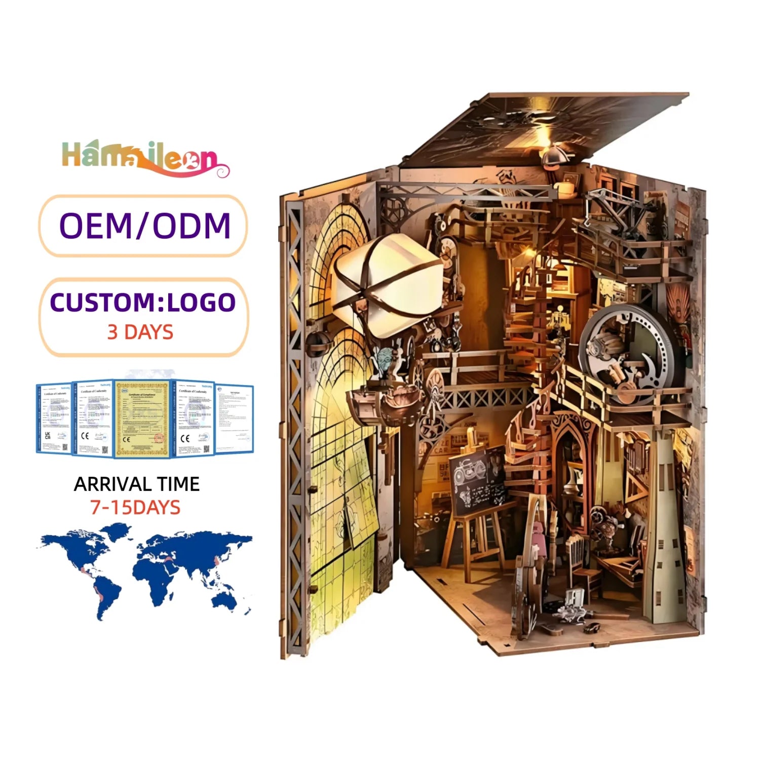 3D Wooden Puzzle Book Nook Kit Hamaileon LED Light Dollhouse Bookshelf Decor Exclusive Adult DIY Toy