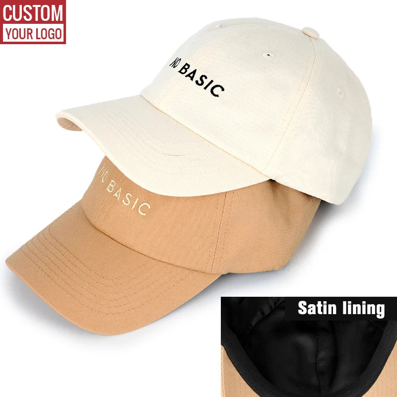 Adjustable 6-Panel Unstructured Silk Satin Lined Baseball Dad Hat Cap With Custom Embroidered Logo for Women