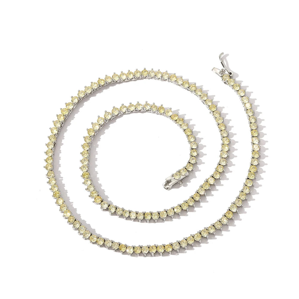 BC106 3mm Brass Setting CZ 3 Prong Tennis Chain Necklace Silver Color Yellow Zircon Women Necklace