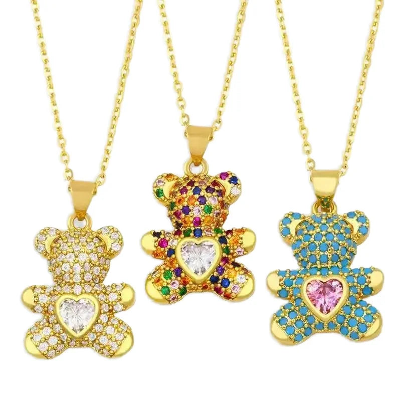 SSeeSY Hot Selling Fashion Jewelry Bear Inlaid Colorful Zircon Brass Pendant Stainless Steel Chain Necklace for Women