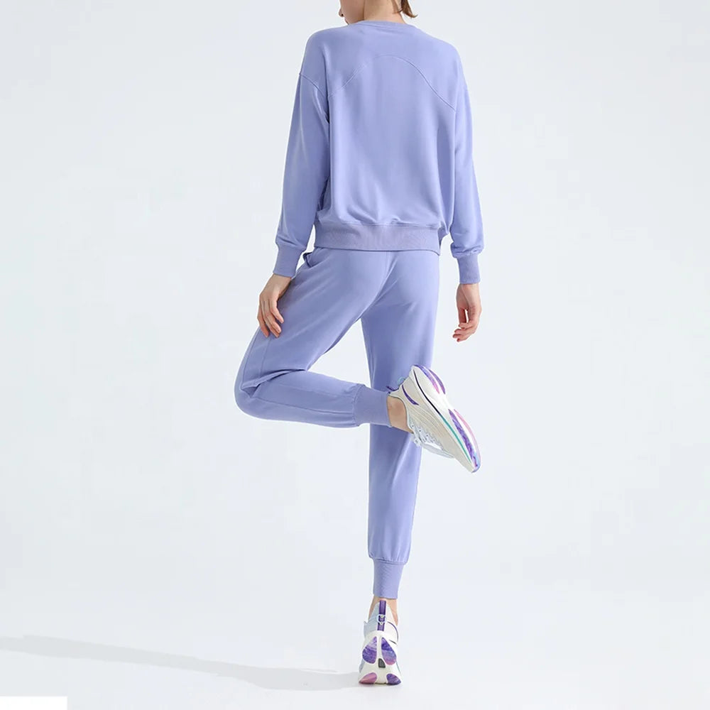 Lu Women's Long Sleeve Fitness Top and Sweatpants Breathable Yoga Clothing Set for Spring and Autumn Solid Pattern