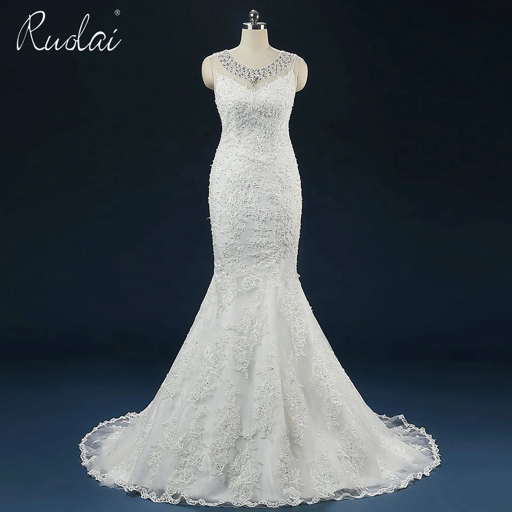 Ruolai PWD-H1083 Illusion O Neck Crystal Beading Wedding Gowns Lace Pearls Mermaid Gowns Bridal Wedding Dress