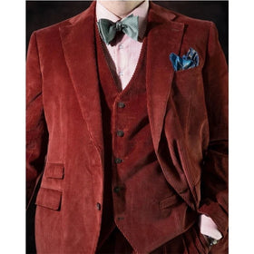 Custom Made Burgundy Men Suits Corduroy Groom Tuxedos Wide Notched Lapel for Winter Wedding Prom Party Male Tailor-Made Clothes