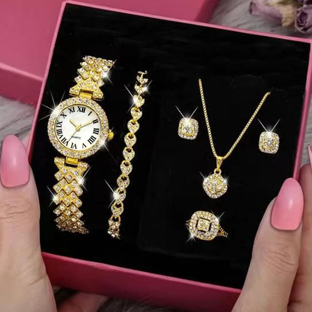 Luxury Women's Rhinestone Wristwatch Set 5pcs Including Ring Necklace Bracelet-Casual Alloy for Latest Fashion Female Jewelry