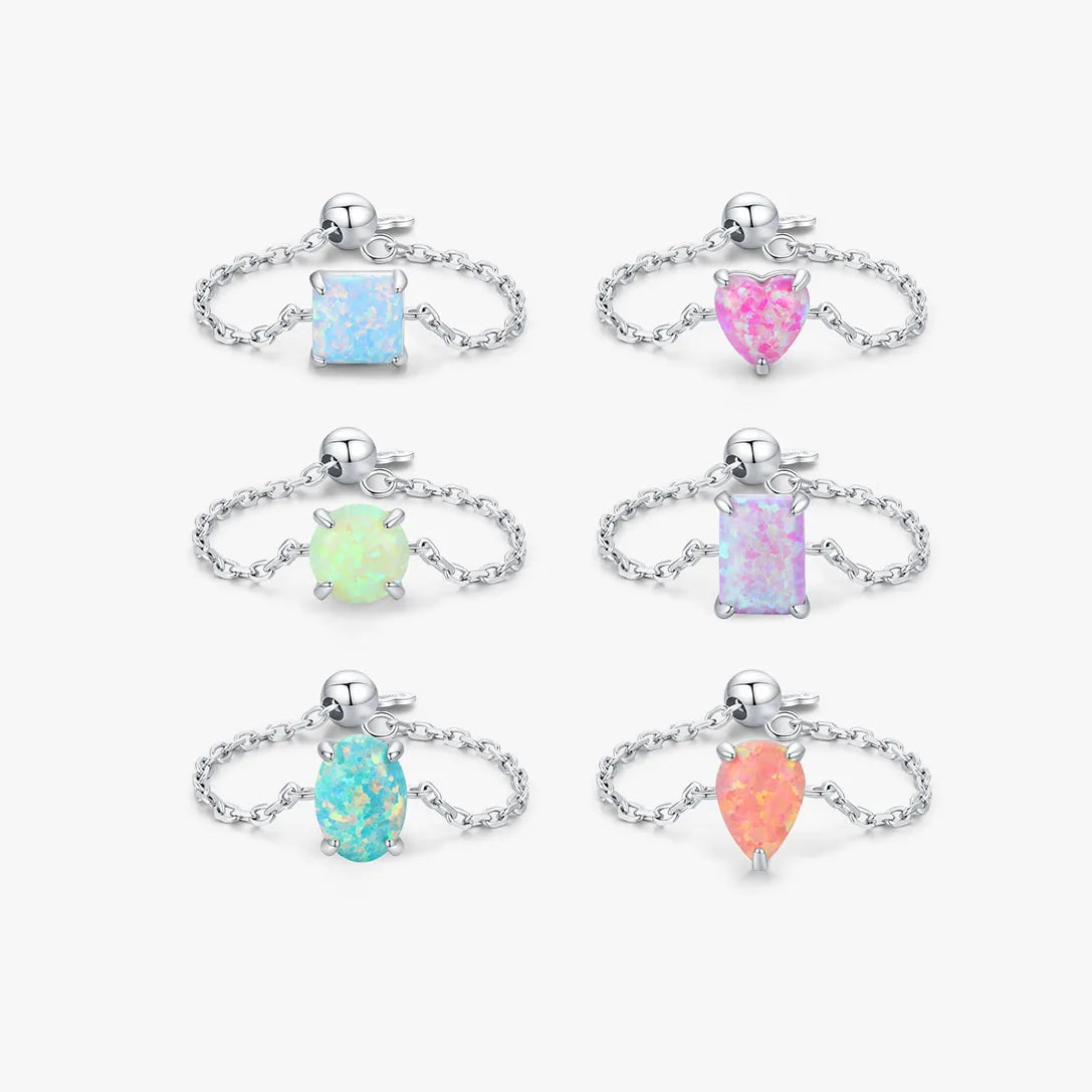Popular Colourful Opal Finger Ring 925 Sterling Silver Claw Setting Opal Chain Adjustable Ring for Women