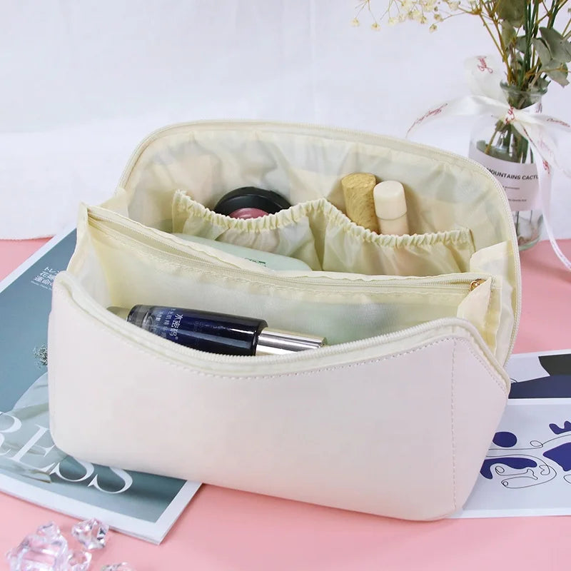 STARSKY Luxury Large Capacity Makeup Bag New Hot Sale White PU Leather Travel Bag Portable Zipper Korean Cosmetics Storage