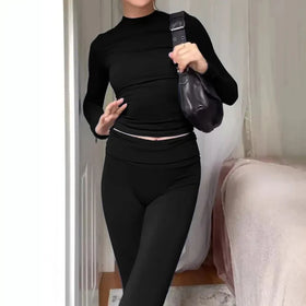 Custom Logo High Quality Solid Color Casual Long Sleeve 2 Piece Loungewear Women Sets