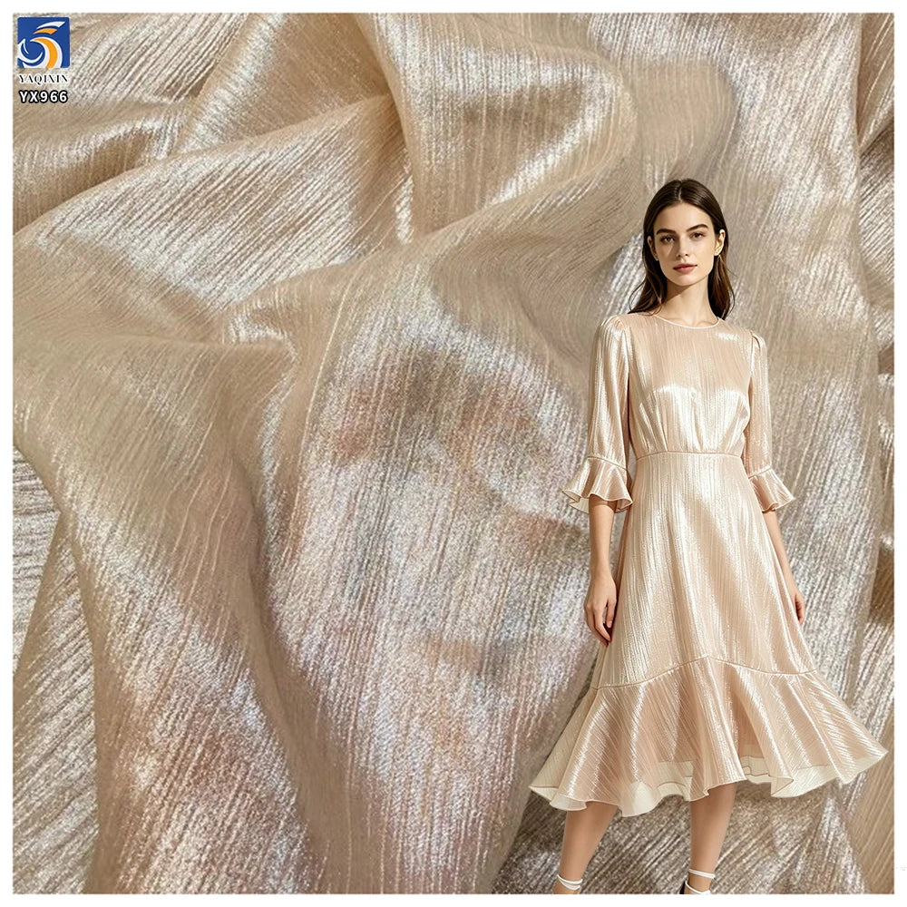 YX966 Holographic Lurex Crinkle Chiffon 100% Polyester Gold Foil Wrinkled Textured Fabric for Wedding Evening Party Dresses MegaBDM