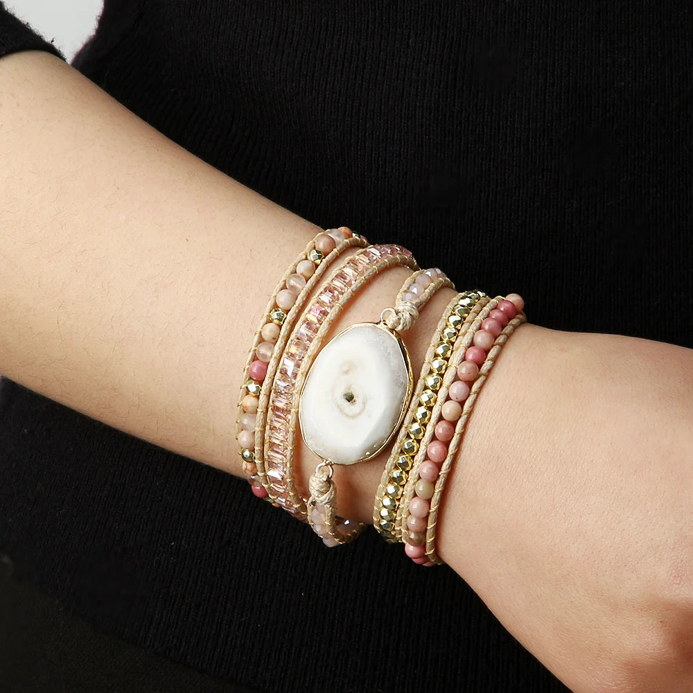 Fashion Beaded Handmade Jewelry Long Leather Cord Natural Stone Crystal Glass Hematite Stone Charm 5 Strands Wrap Bracelets