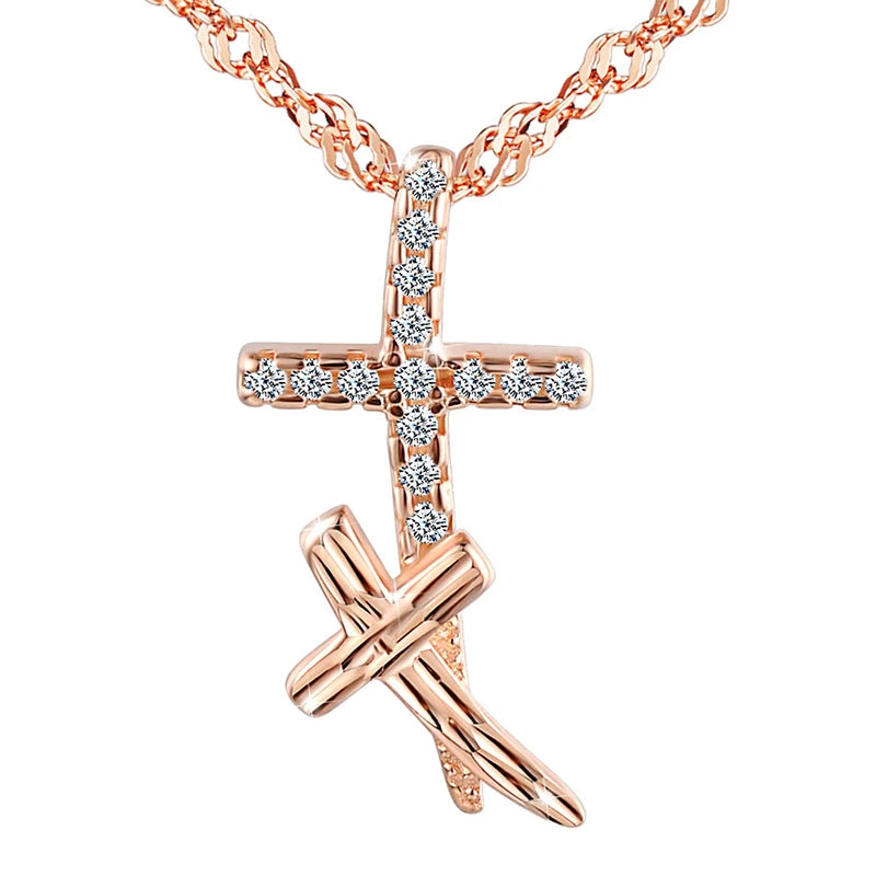 Rose Gold Plated Double Cross CZ Zirconia Inlaid Pendant Necklace S925 Sterling Silver Pendant for Women