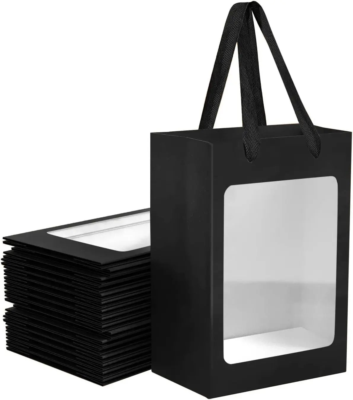 Multi-Size Recyclable White Paper Classic Gift Bag Clear Window Ribbon for Portable Flower Bouquet Packaging Craft Gifts Stock