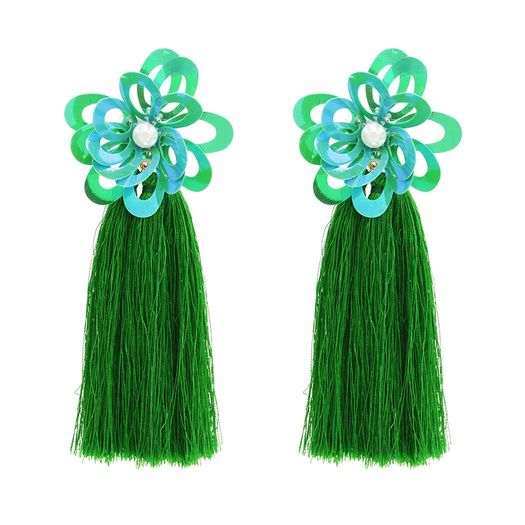 Bohemian Pearl Big Sequins Flower Shape Thread Tassels Drop Dangle Earrings