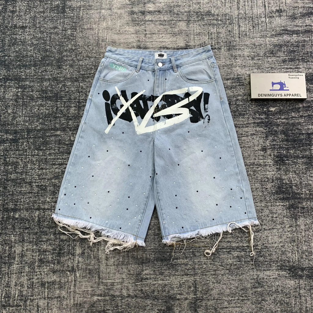 DENIMGUYS Custom Summer Men's Streetwear Screen Print Jorts Denim Shorts Vintage Wash Rhinestones Raw Hem Jorts for Men