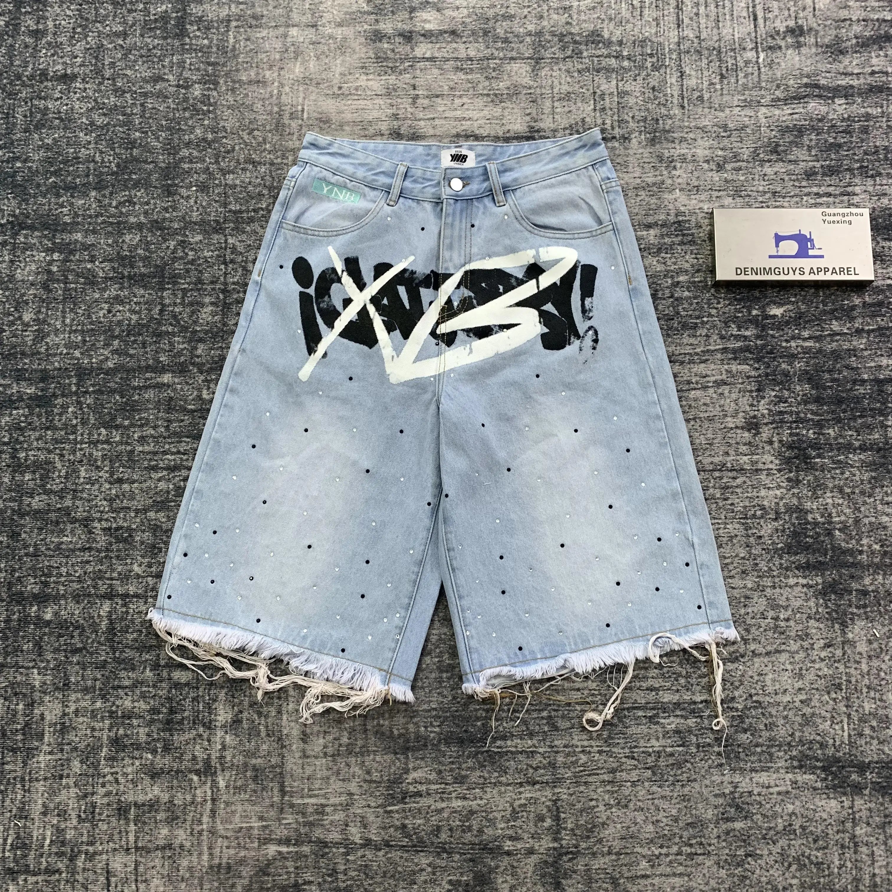 DENIMGUYS Custom Summer Men's Streetwear Screen Print Jorts Denim Shorts Vintage Wash Rhinestones Raw Hem Jorts for Men