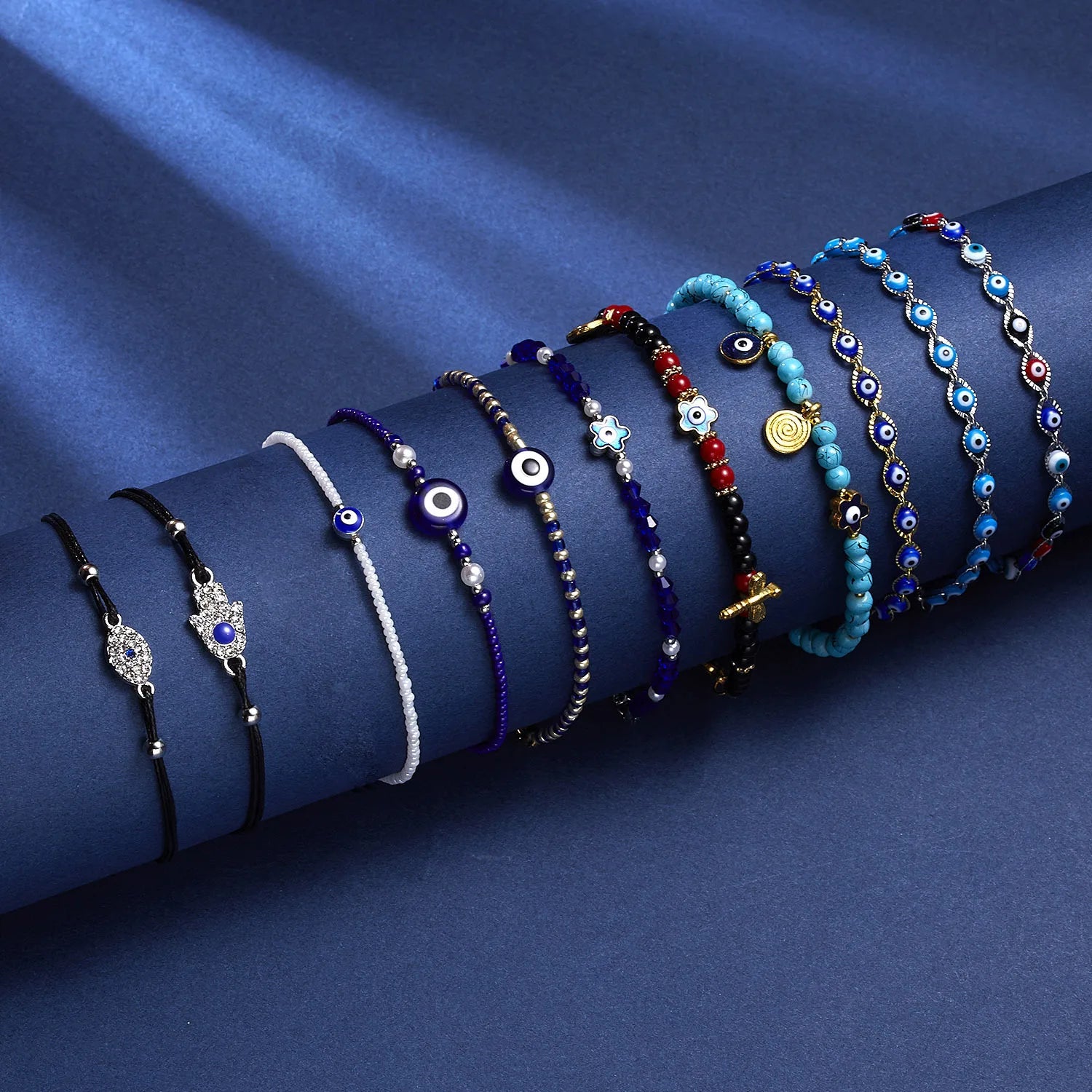 Jingcan Crystal 11 Designs Adjustable Flower and Hamsa Hand Charm Evil Eye Beaded Bracelets   Beaded Evil Eye Bracelet