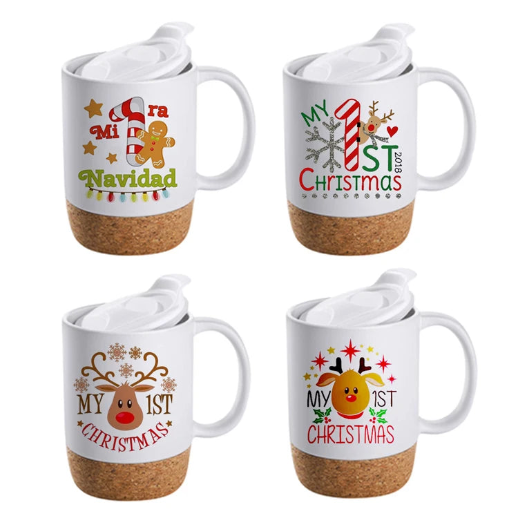 Creative White Matte Decals logo Mug Cork Bottom Ceramic Travel Mug with Lid