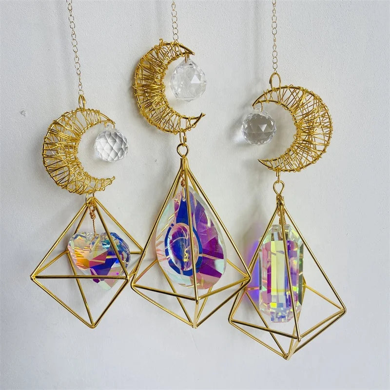 Wholesale K9 Crystal Sun Catcher Gold Wire Winding Moon Wind Chime Hanging Rainbow Prism Ball Pendant