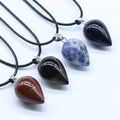 Natural Gemstone Teardrop Pendant Necklace 18" Black Cord Handmade Craved Quartz Crystal Waterdrop Point Jewelry Women Men