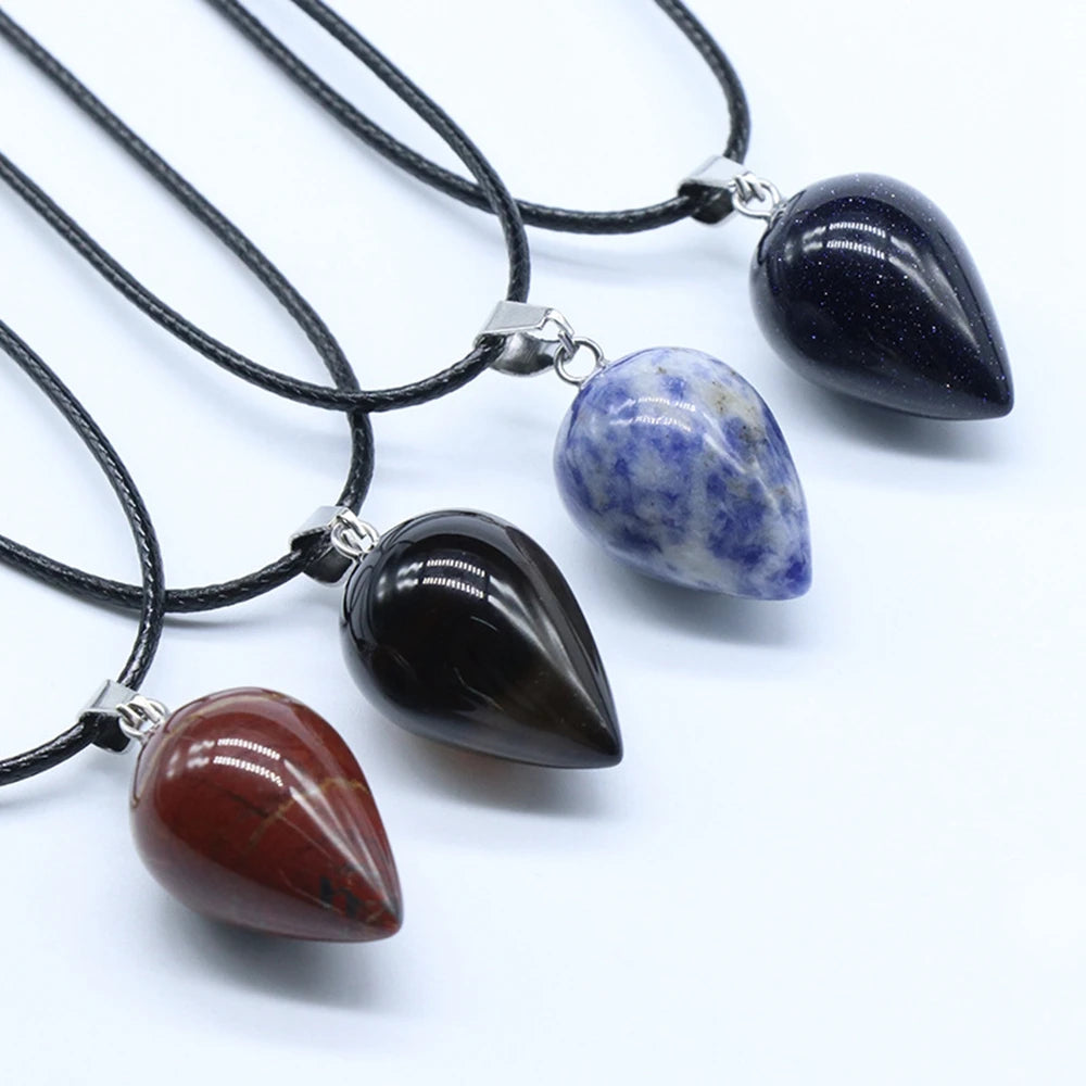 Natural Gemstone Teardrop Pendant Necklace 18" Black Cord Handmade Craved Quartz Crystal Waterdrop Point Jewelry Women Men