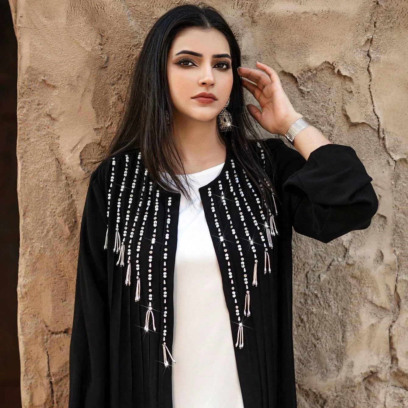 4083 Sale Muslim Women Abaya Beautiful Diamante Long Sleeve Maxi Dress Robe Style Front Open