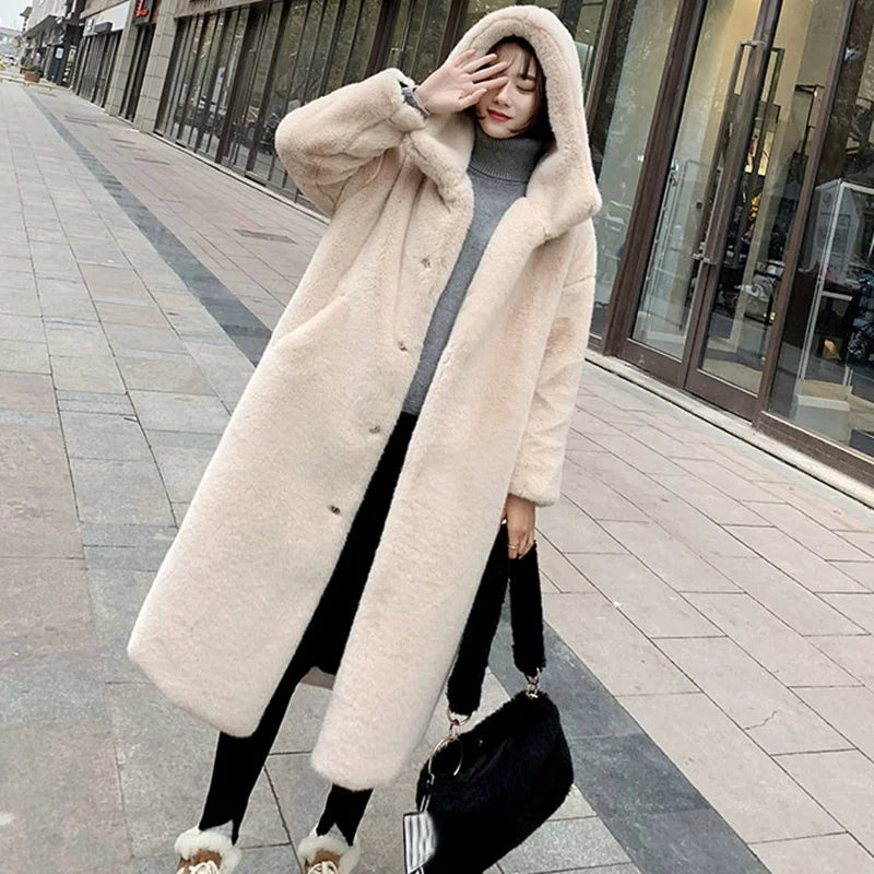 Winter Women High Quality Faux Rabbit-Fur Coat Luxury Long Fur Coat Loose Hooded Overalls Thick Warm Female Plush Coats Outwear