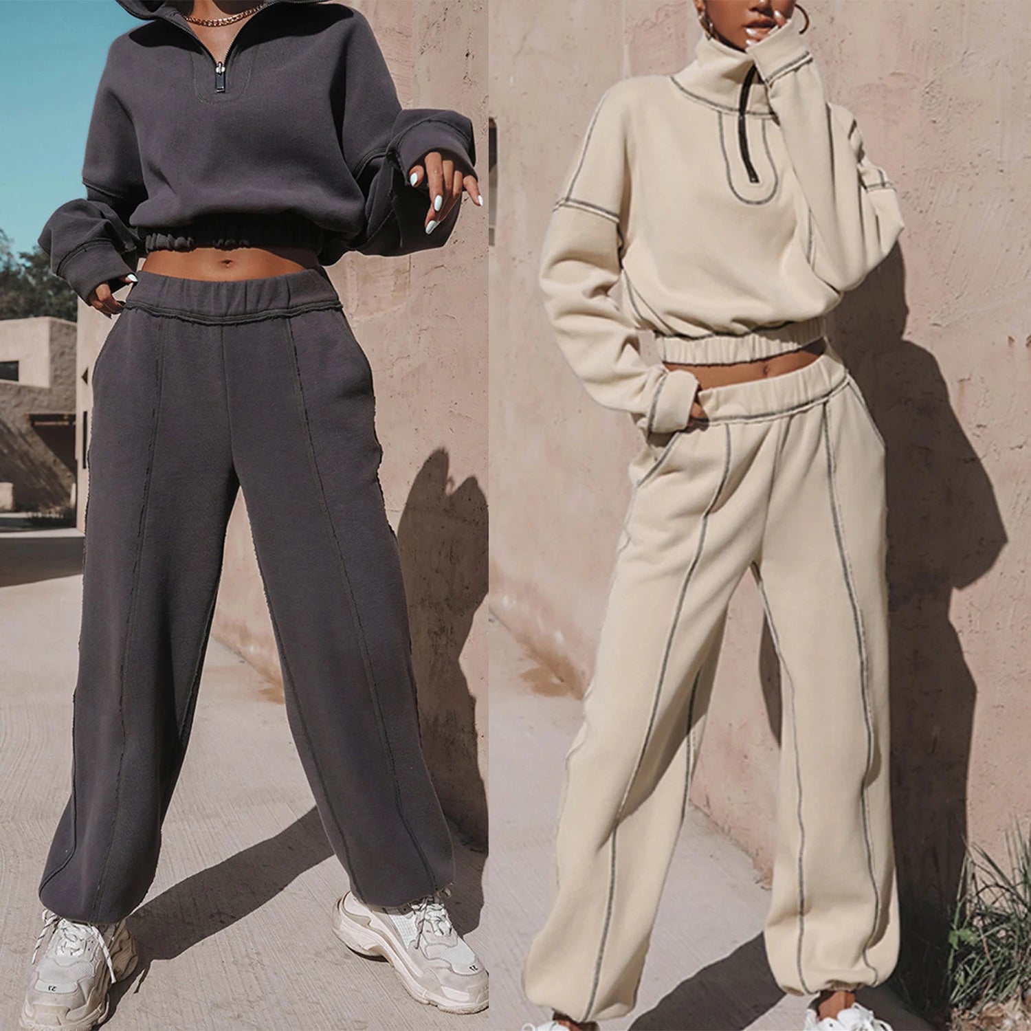 Fast Logo Custom Women Y2K Vintage Fashion Crop Hoodies and Jogger Sets Spring Solid Zipper Turtleneck with Patches