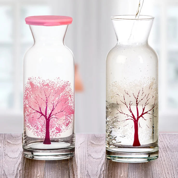 Handmade Wholesale 1260ml Lead-Free Modern Reusable Drinking Water Jug Cherry Blossoms Glass Cold Color Changing Carafe Silicon