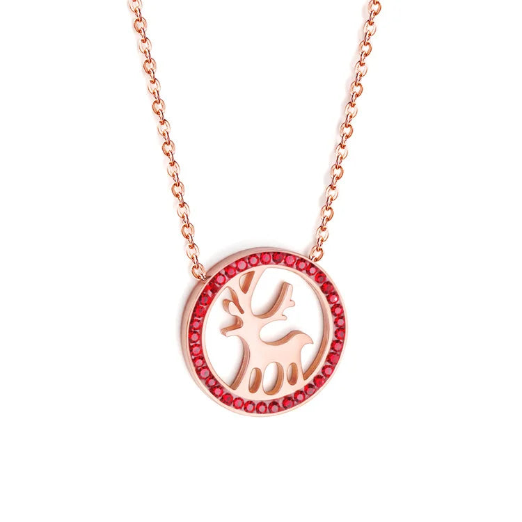 Wholesale Stainless Steel Red Zircon Stone Christmas Gift Hollow Elk Shape Round Pendant Necklace for Women