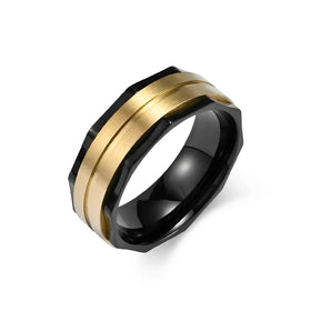 Polygon Style 8MM Black Gold Plated Groove Beveled Edge Wedding Ring Polished Stainless Steel Thumb Rings Gifts for Men Women
