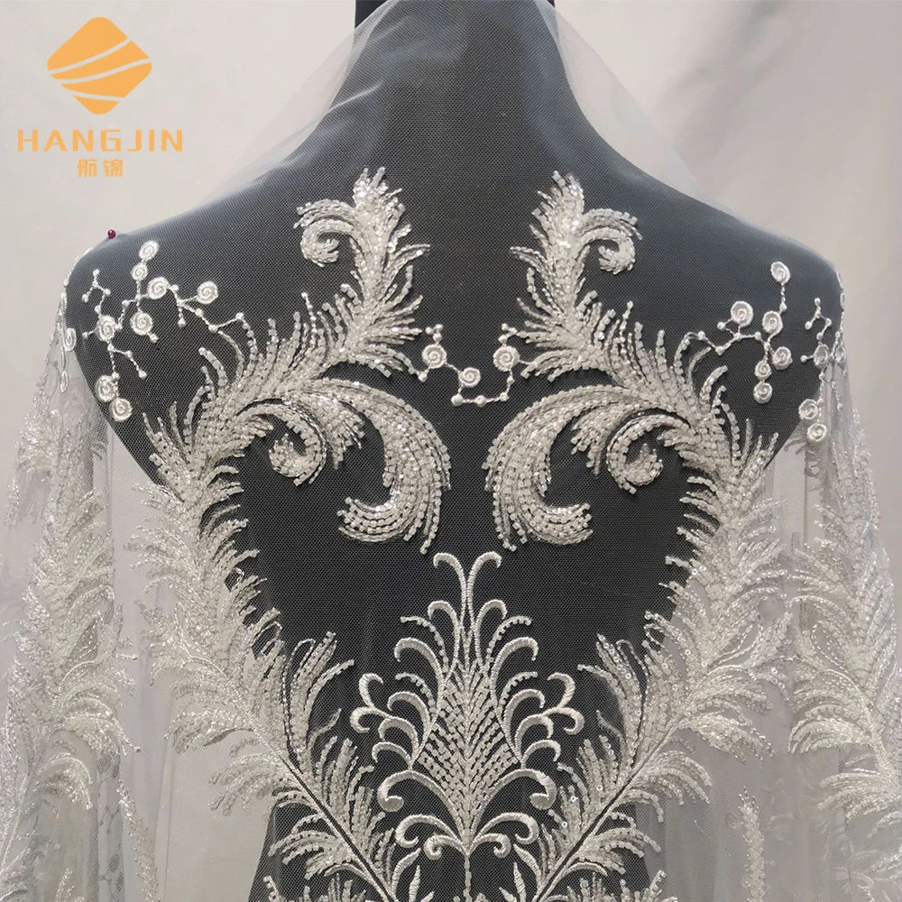 Luxury 3D Beaded Embroidered Lace Fabric for Wedding Dress Swiss Voile Lace Embroidered White Cording Lace Fabric