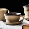 Japanese Style Rustic Ceramic Cappuccino Coffee Cup and Saucer Set Handmade Personalized Custom LOGO Pottery Breakfast Milk Mug