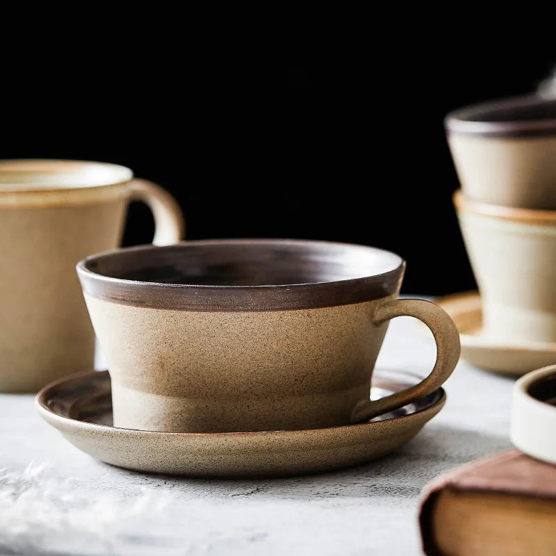Japanese Style Rustic Ceramic Cappuccino Coffee Cup and Saucer Set Handmade Personalized Custom LOGO Pottery Breakfast Milk Mug