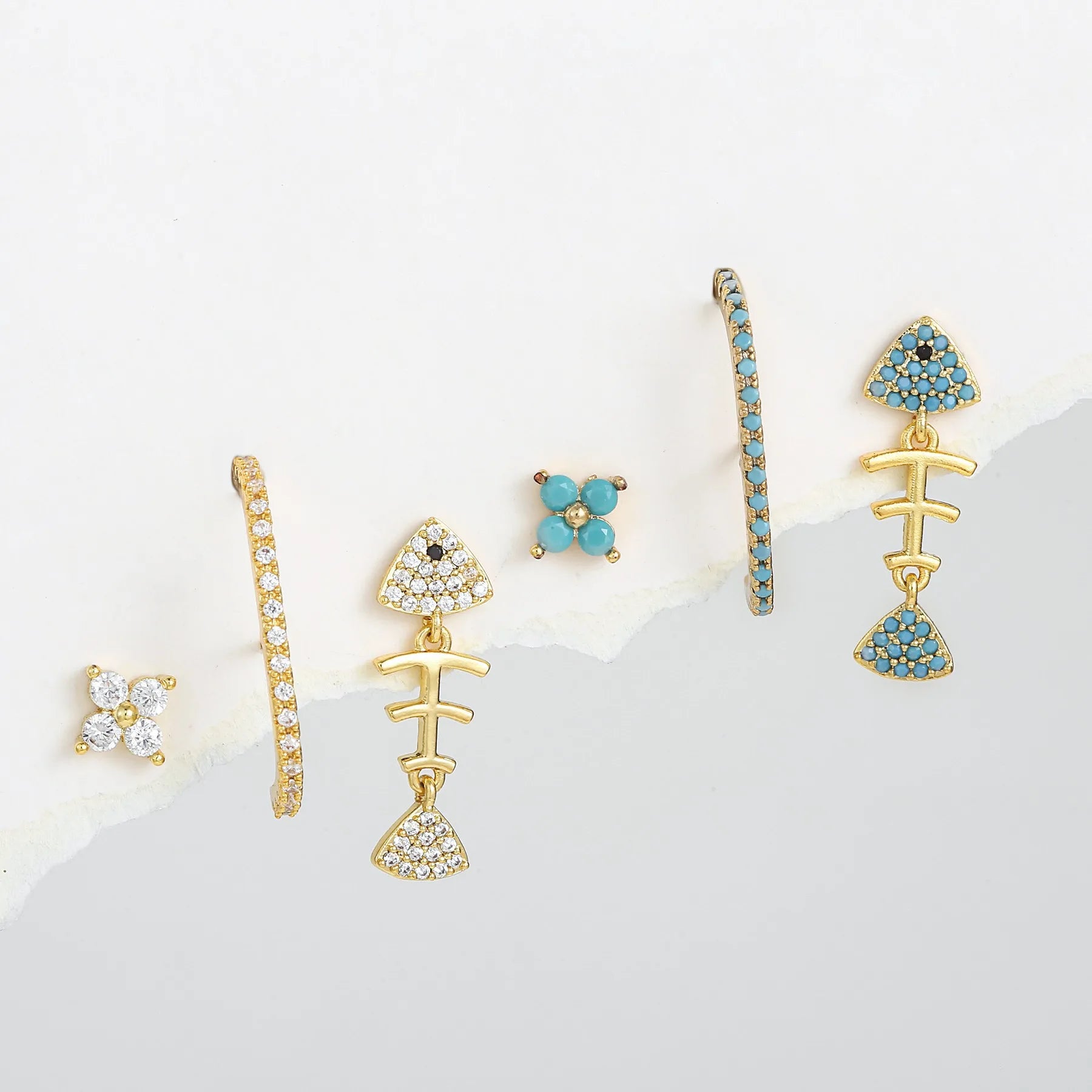Wholesale 18K Gold Plated Fish Bone Stud Earrings Set for Women 925 Silver Needle Micro-Inset Zircon Charm Fashionable Dangle