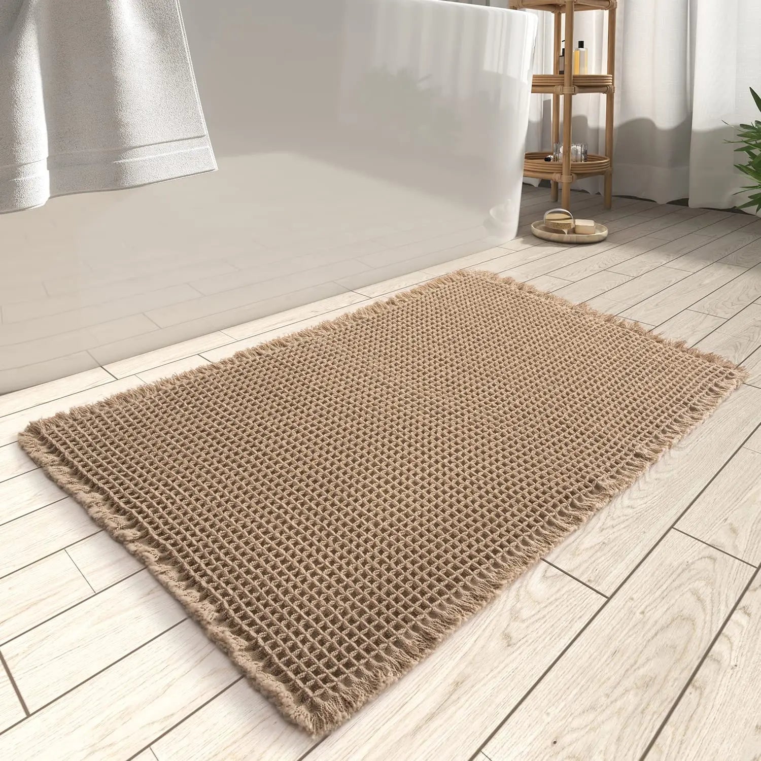 Super Absorbent Non Slip Waffle Bath Mats with Tassels Machine Washable Bathroom Rugs for Home or Hotel Use