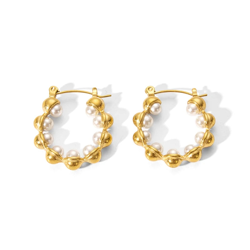 Stainless Steel 18K Gold Plated Geometric Trendy Baroque Pearls Hoop Earrings Non-Tarnish for Women's Anniversary