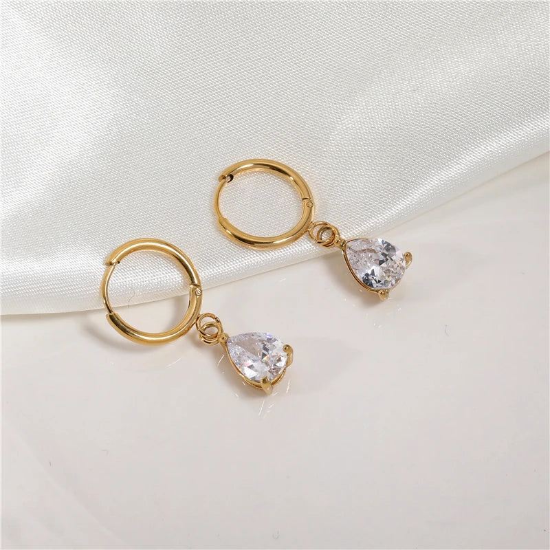 Luxury High Quality Zircon Water Drop Stainless Steel Hoop Earring Non Tarnish & Waterproof Jewelry