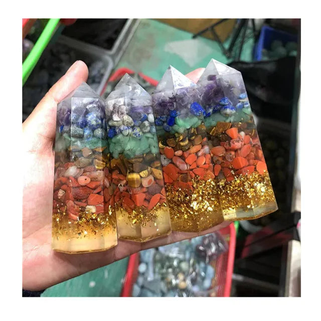 Natural Polished 7 Chakra Crystal Chips Resin Wand Point Towers Spiritual Healing Stones for Home Decor