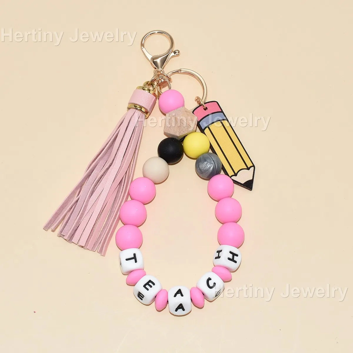 Hot Sale TEACH Letter Silicone Bead Bracelet Keychain Long Silicone Wristlet Keychain for Teachers Gifts