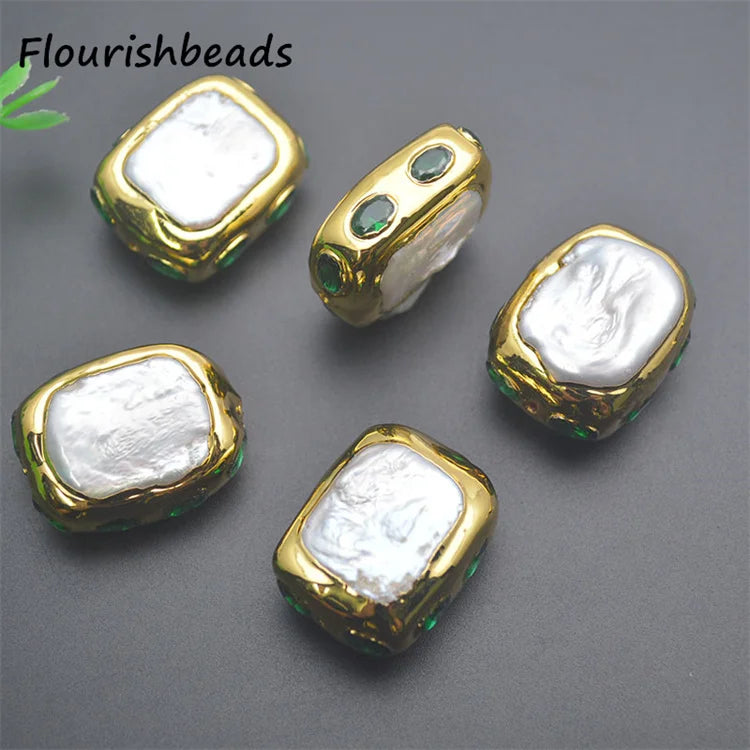 DIY Fashion Woman Necklace 18K Gold Plated Square Shape Green Stone Natural Freshwater Pearl Loose Beads